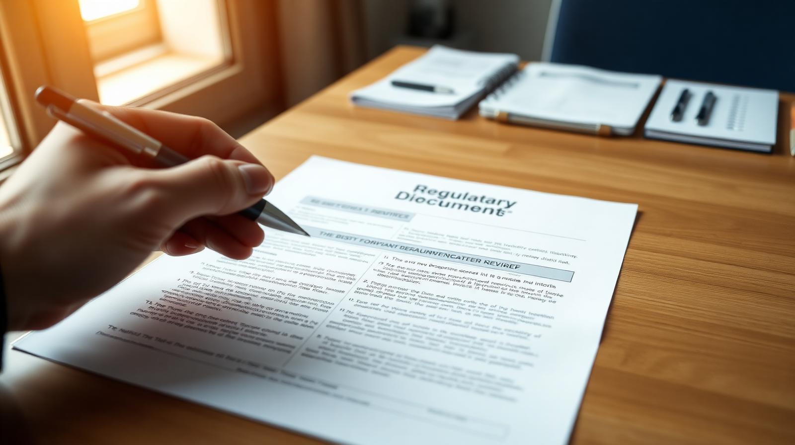 Regulatory dossier under review on a wooden desk, soft window light from the left.